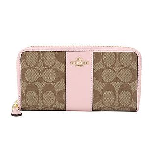 COACH PVC LOGO 皮革拼接拉鍊長夾(卡其/淺粉)