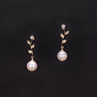 晉佳珠寶 Gemdealler Jewellery 18K金 閃亮金葉 鑽石珍珠耳環 6.5-7mm