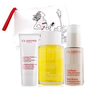 CLARINS 克蘭詩 美胸霜+纖體護理油+去角質霜+化妝包美體組