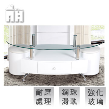 AT HOME-愛迪生白色玻璃大茶几(附座椅x2)